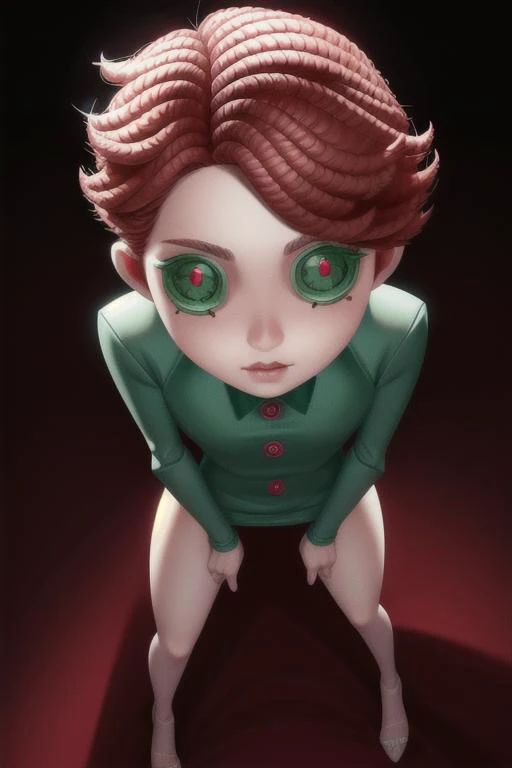 <lora:identityV_v30:0.8> IDENTITY V
BUTTON EYES, straight on, front view, proportional eyes, (realistic:1.5), extremely detailed, hyper detailed, soft lighting, detailed background, extreme detail background, sharp details, beautiful face, symmetrical eyes, short red hair, short hair, red hair, green eyes, woman, high quality, (full body:1.3),