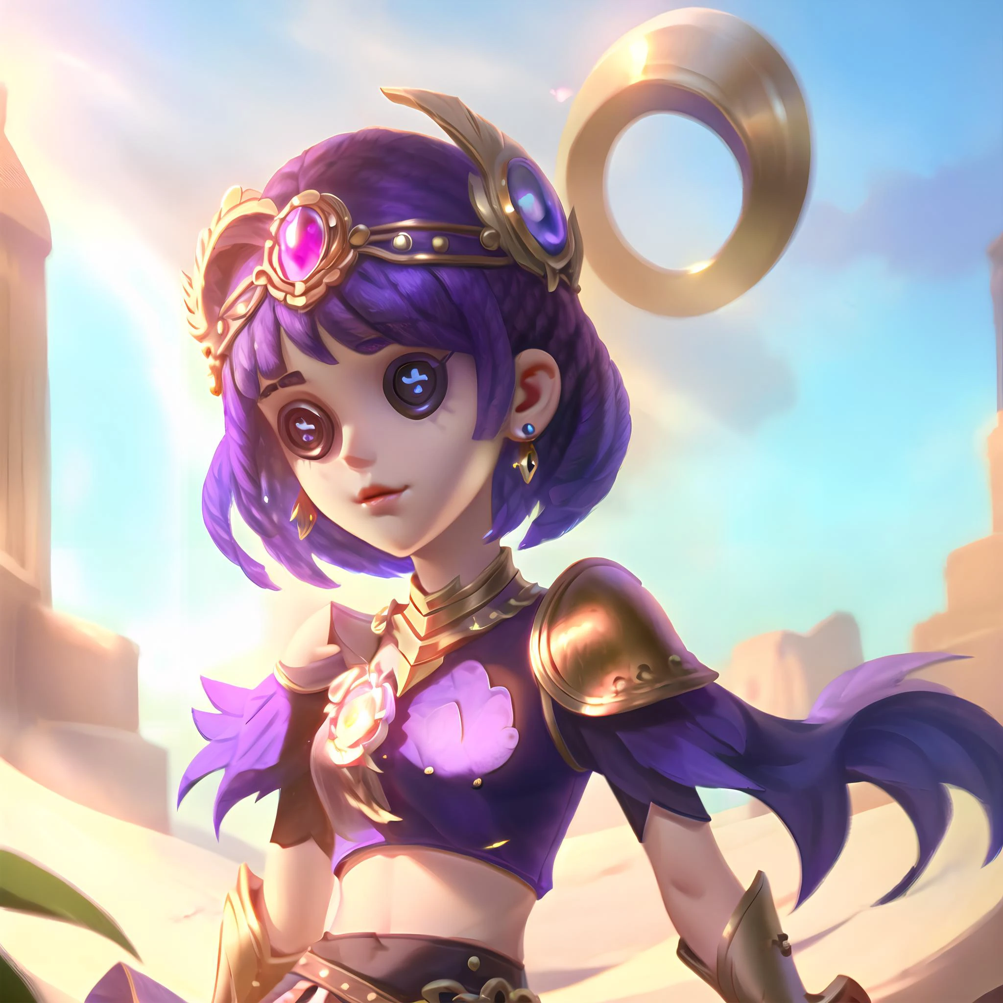 masterpiece, best quality, identity v, button eyes,
1girl, looking afar, shoulder ring, head tilt, blunt bangs, black short hair, purple eyes, gem earrings, black helmet, impossible clothes, shoulder armor, crop top, skirt, oval face,
<lora:identityV_v40:0.5>