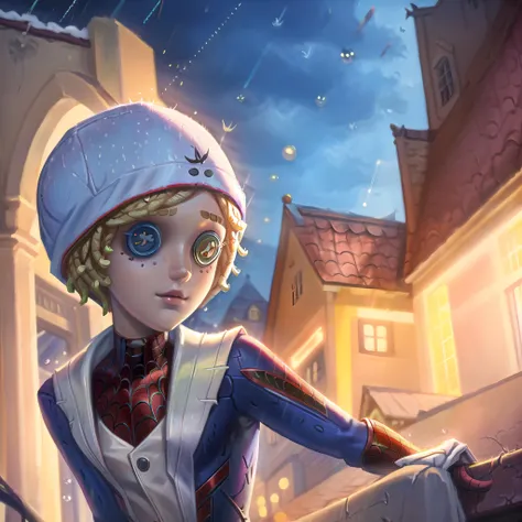 masterpiece, best quality, identity v, button eyes, 
18 yo girl, white spider man suit, short blunt hair, blonde, beautiful face, rain, roof, masterpiece, intricate detail, perfect anatomy, 
 <lora:identityV_v40:0.5>