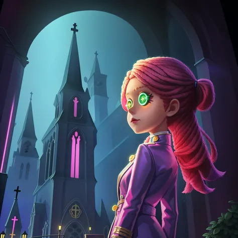masterpiece, best quality, identity v, button eyes, night,
1girl, castle pop, church, night, neon light, looking at another, vector illustration, jacket, long hair, from side,
<lora:identityV_v50:0.8>