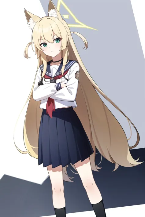 <lora:Kurumiv2:0.8>, kurumi, 1girl, solo, long hair, looking at viewer, blonde hair, green eyes, pleated skirt, shoes, serafuku, neckerchief, fox ears, halo, crossed arms, white background