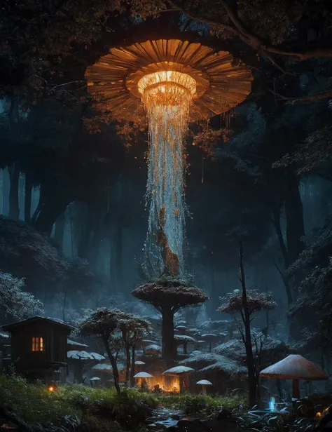 a cluster of vortex - antivortex mushroom in a highly detailed cyberpunk forested wilderness at night, ultra realistic, concept art, intricate details, eerie, highly detailed, photorealistic, octane render, 8 k, unreal engine, art by artgerm and greg rutkowski and alphonse mucha