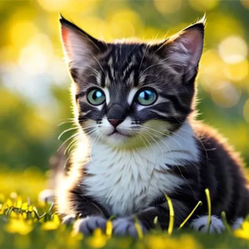 kitten made of glassnoodles, blurred background is a landscape, sunny heaven, detailed glow, grin, cute