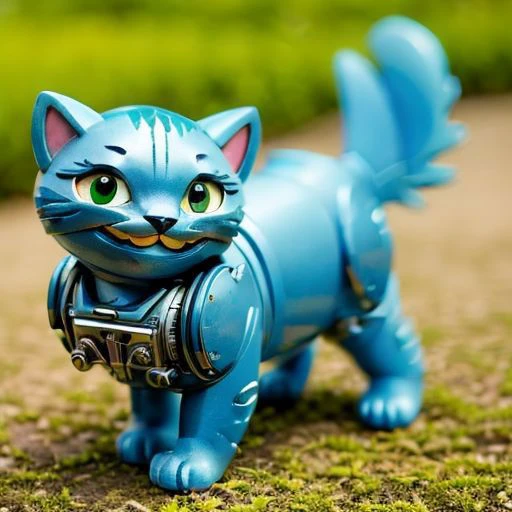 Mechanical cat, blurry background is a landscape, sunny heaven, detailed glow, grin, cute