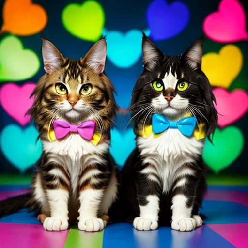 Two maincoon cats, background is a market, holding a heart reads 404, cartoon, cats playing with rainbowball