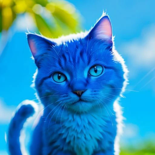 cat made of blue glass, blurry background is a heaven with clouds, sunny heaven, detailed glow, grin, cute