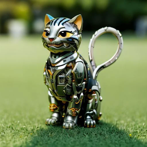 Mechanical cat, blurry background is a landscape, sunny heaven, detailed glow, grin, cute