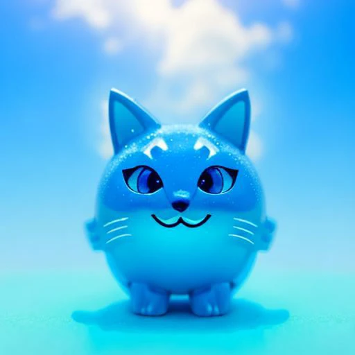 Mechanical cat made of blue glass, blurred background is a heaven with clouds, sunny heaven, detailed glow, grin, cute