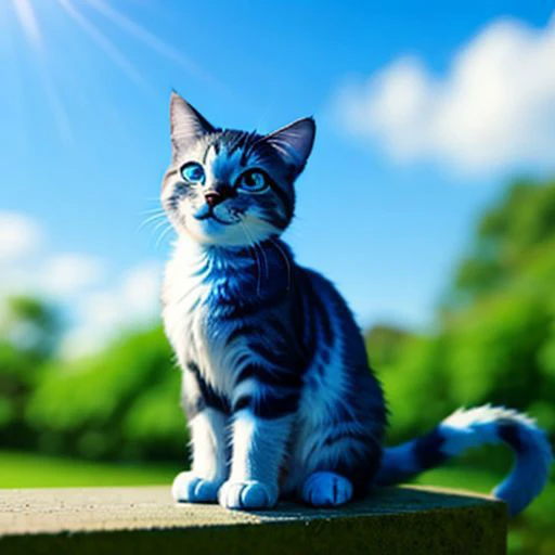 cat made of blue glass, blurry background is a heaven with clouds, sunny heaven, detailed glow, grin, cute