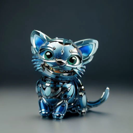 Mechanical cat made of blue glass, blurred background is a landscape, sunny heaven, detailed glow, grin, cute