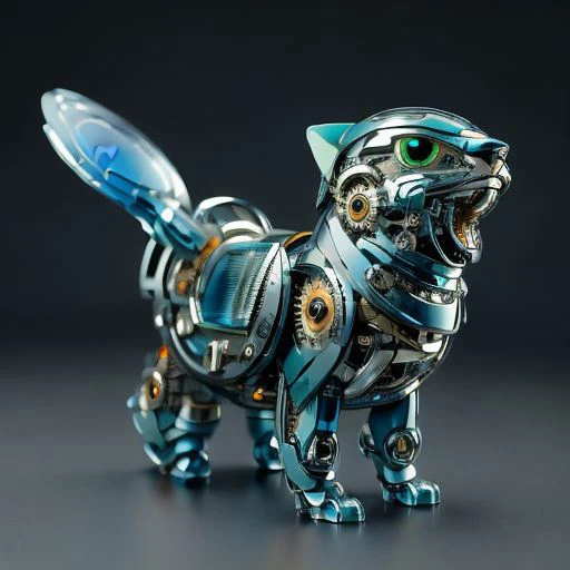Mechanical cat made of blue glass, blurred background is a landscape, sunny heaven, detailed glow, grin, cute