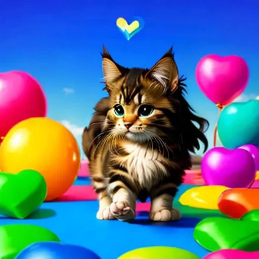 Playing maincoon kitten, background sun and mooh, holding a heart what say "404" cartoon, cats playing with rainbow ball