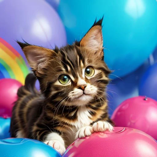 2 maincoon kitten, background is a market, holding a heart with text 404, cartoon, cats playing with rainbow ball