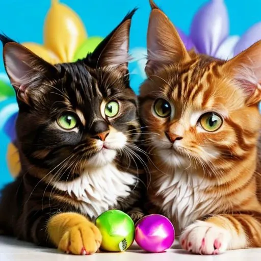 Two maincoon cats, background is a market,  holding a heart reads 404,  cartoon,  cats playing with rainbowball