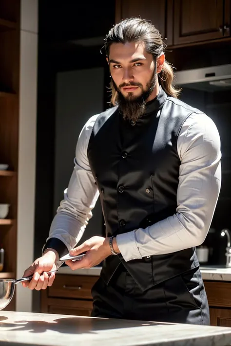 an awarded profesional photography of (1man:1.3) European with Black eyes with male goatee hairstyle and long boxed beard in light blonde color, dressed as Dancer sad smile, playing a game kibasen in A sleek, modern kitchen with stainless steel appliances and a marble countertop ,(epic scene:1.3),ultradetialed character with perfect face,detailed skin,(ultrasharp:1.3),(masterpiece:1.1),best quality,(photorealistic:1.2),ultrarealistic,realistic ultradetailed character,4k perfect quality, <lyco:GoodHands-beta2:1> by by Irving Penn Rim Lighting camera angle close-up and cropped legs Magnificent,Imperceptible detail,Intricately designed, (perfect quality face:1.5) hyper-detailed complex, insanely detailed, detailed clothes, detailed skin, detailed body, , 1man, realistic lights, realistic shadows, profesional photo