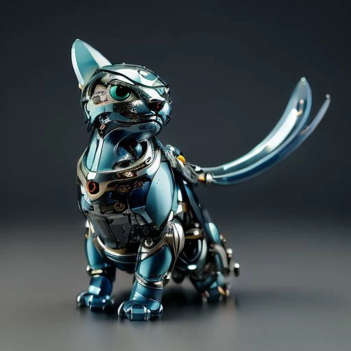 Mechanical cat made of blue glass, blurred background is a landscape, sunny heaven, detailed glow, grin, cute