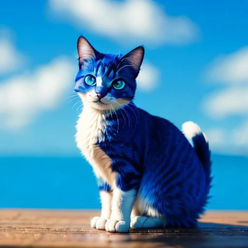cat made of blue glass, blurry background is a heaven with clouds, sunny heaven, detailed glow, grin, cute