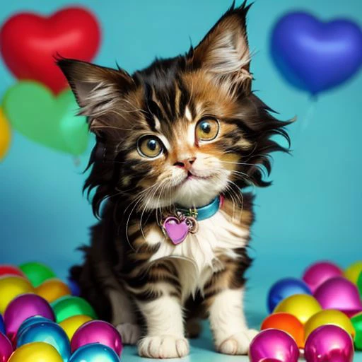 2 maincoon kitten, background is a market, holding a heart with english text reads 404, cartoon, cats playing with rainbowball