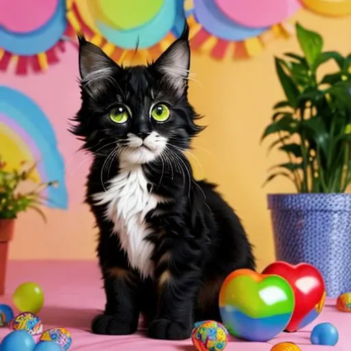 2 maincoon kitten, background is a market, holding a heart with english text reads 404, cartoon, cats playing with rainbowball