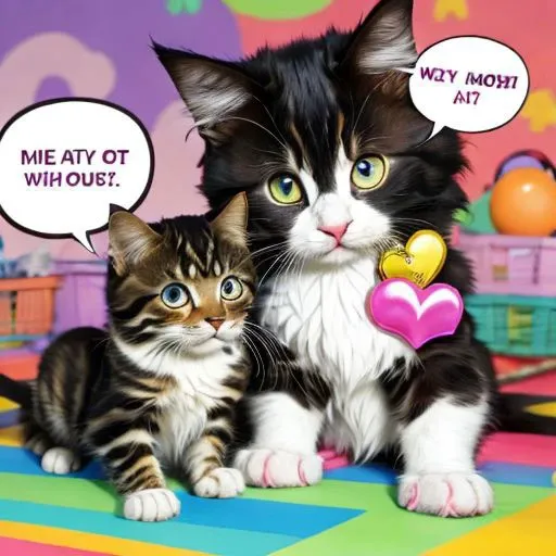 2 maincoon kitten, background is a market, holding a heart with english text reads 404, cartoon, cats playing with rainbowball