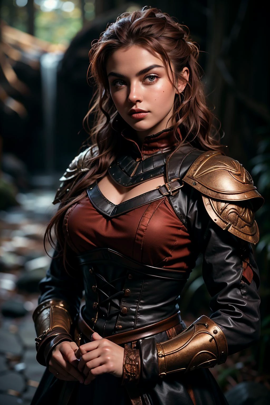 <lora:RPGDwarf:1> dwarf:1.2, 1girl Tapered bob in Rust Red with grey eyes and Microbladed eyebrows , rouge The Victorian Vamp: A Victorian-inspired ensemble with a high-neck lace blouse, velvet corset, and floor-length skirt with a bustle holding magic razor full body shot, Hidden waterfall with a secret cave entrance to a magical realm in background, realistic:1.2, masterpeice, ultradetailed, intricate details, perfect quality, ultrashapr, ultradetailed, photorealistic, perfect shadows, profesional lights, realistic, blurry, boekh, masterpiece light works,depth of fiel, ultradetailed character, pefect quality, maximum quality, intricate details, detailed face