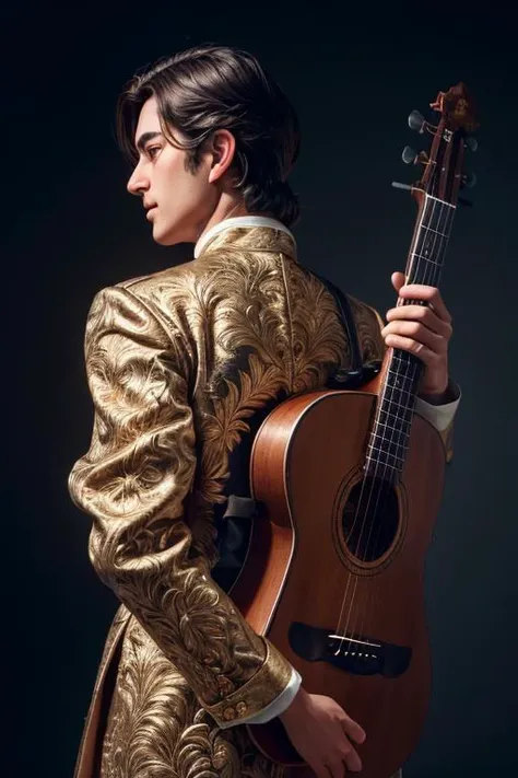 a profestional picutre of 1man, frenchcourtsuit, admiaral with elegan outfit <lora:ARWCourtSuit:0.7> , Bardic Performance: Description: The bard stands with an instrument held close, fingers poised over strings or keys. Their posture is animated, embodying the essence of the song or tale they're about to perform. Their expression conveys a mix of passion and showmanship, ready to captivate an audience with their melodious magic. , camera angle from behind and focus on full body, photorealism,unreal 5 daz,perfectly drawed hands,perfectly drawed face,perfect body,extremely detailed artgerm greg rutkowski greg,((ultrasharp)),((masterpiece)),((best quality)),((ultradetailed)),((intricated details)),ultradetailed character,detailed face,intricated face details,<lyco:GoodHands-beta2:1>,extremaly detailed background,perfectly detailed face,character focus,intricated details of face,fFaceDetail <lora:add_detail:0.7> ultra realistic,32k,RAW photo,(high detailed skin:1.2),8k uhd,dslr,soft lighting,high quality,film grain, beautiful and aesthetic,extremely detailed
