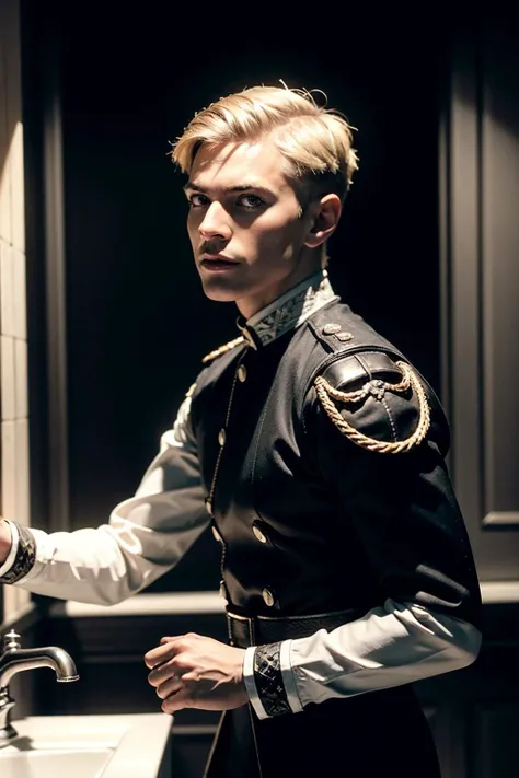 an awarded profesional photography of (1man:1.3) Eastern European with black eyes with male drop fade hairstyle and short boxed beard in Cream Blonde color, dressed as Fighter despair, carrying in bathroom ,(epic scene:1.3),ultradetialed character with perfect face,detailed skin,(ultrasharp:1.3),(masterpiece:1.1),best quality,(photorealistic:1.2),ultrarealistic,realistic ultradetailed character,4k perfect quality, <lyco:GoodHands-beta2:1> by by Berenice Abbott Three-Point Lighting camera angle from side and feet out of frame Magnificent,Imperceptible detail,Intricately designed, (perfect quality face:1.5) hyper-detailed complex, insanely detailed, detailed clothes, detailed skin, detailed body, , 1man, realistic lights, realistic shadows, profesional photo