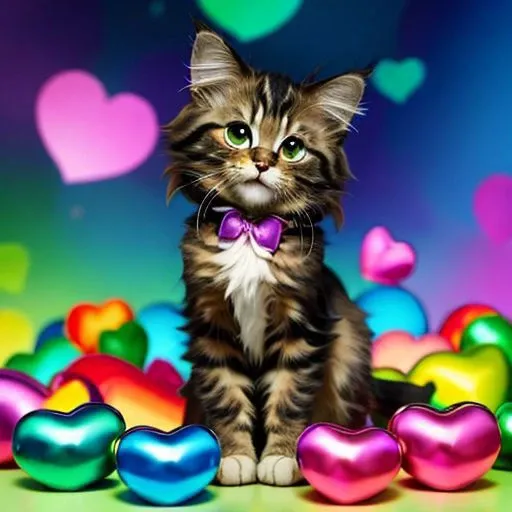 2 maincoon kitten, background is a market, holding a heart with text reads 404, cartoon, cats playing with rainbowball