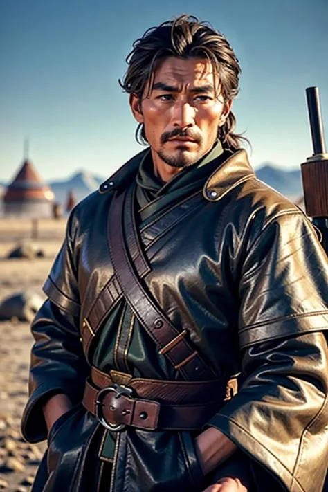 human  Australian   1man  male with  blunt cut  hairstyle and  Distinguished Goatee  in Peanut Brittle Blonde  with Green eyes  eyes  and Hard eyebrows , warrior wearing mongol leather armor <lora:MongolPunkAI:1>  holding Glaive background portrait , In a sprawling cityscape where buildings are grown from enchanted seeds, in background, realistic:1.2,  masterpeice, ultradetailed, intricate details, perfect quality, ultrashapr, ultradetailed, photorealistic, perfect shadows, profesional lights, realistic, blurry, boekh, masterpiece light works,depth of fiel, ultradetailed character, pefect quality, maximum quality, intricate details, detailed face