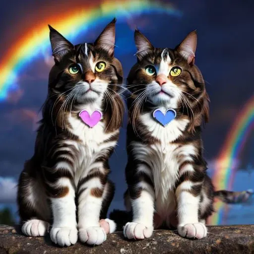 Two maincoon cats with western boots, background is a lightning sky, holding a heart that says "404":1, cartoon, cat play with rainbow ball, blue eye