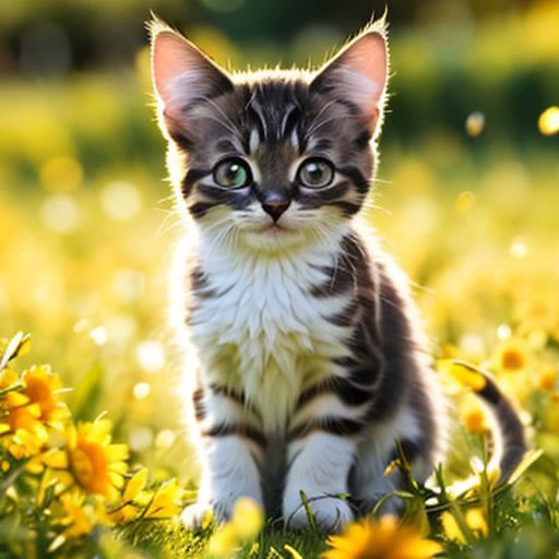 kitten made of glassnoodles, blurred background is a landscape, sunny heaven, detailed glow, grin, cute