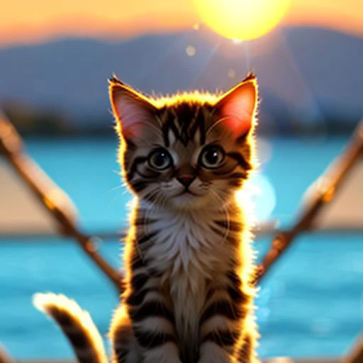 kitten made of glass, blurred background is a landscape, sun, detailed glow, grin, cute