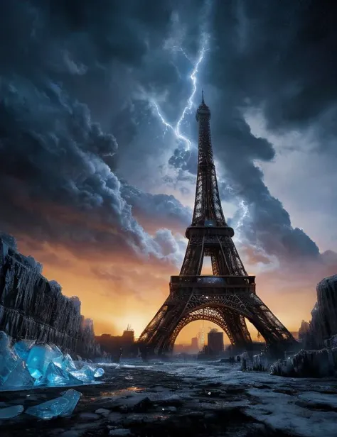 (from below:1.2), ((rusty Eiffel Tower), among huge black ice, lightning, black clouds, dark theme, dramatic plot, giant ice mountains, lifeless ice wasteland, apocalypse), award winning art, epic dreamlike fantasy landscape, art print, science fiction, ultra realistic, ilya kuvshinov, artgerm, krenz cushart, greg rutkowski. 4 k, beautiful, cinematic dramatic atmosphere, 4k, beautiful, cinematic dramatic atmosphere <lora:LowRA:0.3> <lora:add_detail:0.6>
