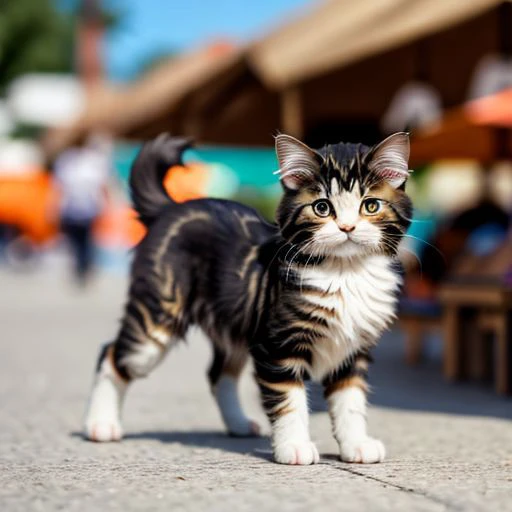 2 maincoon kitten made of nails, blurred background is a market, sun, detailed glow