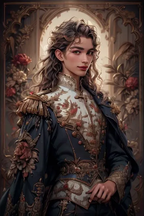 a profestional picutre of 1man, <lora:Rococo2M:0.7> long_sleeves, epaulettes, rococo outfit , Amused Gestures: Gesturing with their hands in sync with conversation, they lift and lower their hands with enthusiasm. Their body leans slightly forward, and their lips stretch into a wide smile. With each gesture, they seem to merge seamlessly into the conversation. , camera angle from above and very wide shot, photorealism,unreal 5 daz,perfectly drawed hands,perfectly drawed face,perfect body,extremely detailed artgerm greg rutkowski greg,((ultrasharp)),((masterpiece)),((best quality)),((ultradetailed)),((intricated details)),ultradetailed character,detailed face,intricated face details,<lyco:GoodHands-beta2:1>,extremaly detailed background,perfectly detailed face,character focus,intricated details of face,fFaceDetail <lora:add_detail:0.7> ultra realistic,32k,RAW photo,(high detailed skin:1.2),8k uhd,dslr,soft lighting,high quality,film grain, beautiful and aesthetic,extremely detailed