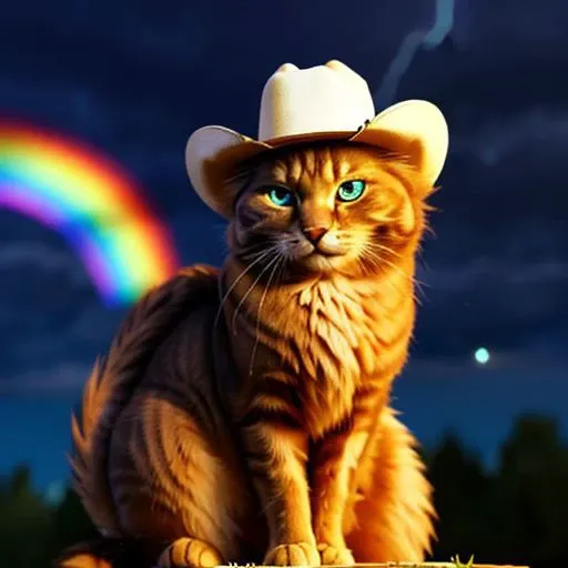 Gold maincoon cat with western hat and sunglasses, background is a lightning sky, holding a heart that say "404", cartoon, cat play with rainbow ball, blue eye