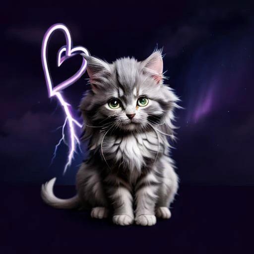 Silver maincoon kitten, background is a lightning sky,
(holding a heart THAT says "404")