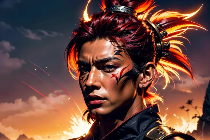 best quality, masterpiece, of a male, dressed as a Herbalist, with red hair, with a male Mohawk with brightly colored spikes hairstyle, wearing a oni mask, SamuraiPunkAI, <lora:SamuraiPunkAIv3:.5>, portrait, sitting, In a windswept plain, where nomadic centaurs herd their flocks under a vast sky,, realistic, concept art, cinematic, volumetric lighting, highly detailed, 8k ultradetialed character with perfect face,detailed skin,(ultrasharp:1.3),(masterpiece:1.1),best quality AS-YoungV2,(photorealistic:1.2),ultrarealistic,realistic ultradetailed character,4k perfect quality,<lyco:GoodHands-beta2:1>Magnificent,Imperceptible detail,Intricately designed,