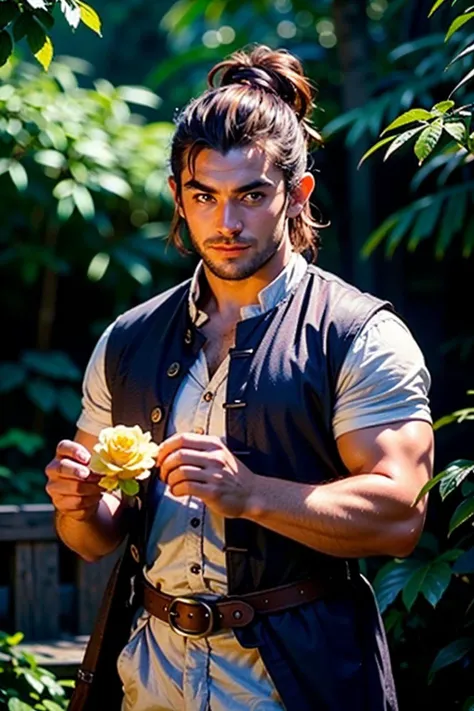 <lora:RPGHobbit:1> hobbit:1.3, solo, 1man male with Mohawk with brightly colored spikes hairstyle hairstyle and Chin Strap in mint green with yellow eyes and Bushy eyebrows , thief holding two handed axe cowboy shot, Timeless celestial rose garden with magical roses of every color. in background, realistic:1.2, masterpeice, ultradetailed, intricate details, perfect quality, ultrashapr, ultradetailed, photorealistic, perfect shadows, profesional lights, realistic, blurry, boekh, masterpiece light works,depth of fiel, ultradetailed character, pefect quality, maximum quality, intricate details, detailed face