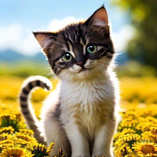 kitten made of glassnoodles, blurred background is a landscape, sunny heaven, detailed glow, grin, cute