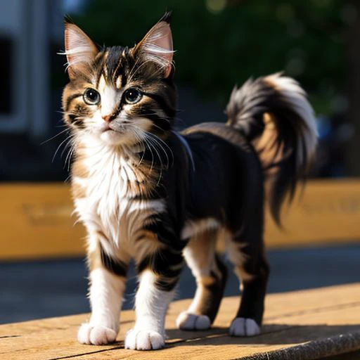 2 maincoon kitten made of nails, blurred background is a market, sun, detailed glow