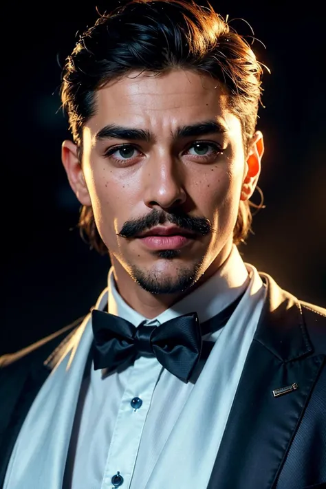 an awarded profesional photography of (1man:1.3) Latino  with Green eyes with  male short hair hairstyle and walrus mustache in blonde color, wearing a tuxedo   curious, stroking own chin   in sleek, Orbital defense platform, Alien battlefield, A world with unpredictable gravity fluctuations, leading to floating islands and erratic weather patterns., Dystopian metropolis ,(epic scene:1.3),ultradetialed character with perfect face,detailed skin,(ultrasharp:1.3),(masterpiece:1.1),best quality,(photorealistic:1.2),ultrarealistic,realistic ultradetailed character,4k perfect quality, <lyco:GoodHands-beta2:1> by by Garry Winogrand Solar Lighting camera angle from side and cowboy shot Magnificent,Imperceptible detail,Intricately designed,  (perfect quality face:1.5)  hyper-detailed complex,  insanely detailed, detailed clothes, detailed skin, detailed body, , 1man, realistic lights, realistic shadows, profesional photo