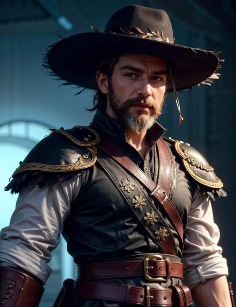 High resolution, high quality, high detail, soft lighting, cinematic lighting, realistic, DSLR, bokeh, studio quality, film grain, panorama, film grab of a brutal landsknecht wearing a large hat with colorful feather plumes, plate armor, black shirt, moustache, holding a very long sword, standing, simple background, 80s fantasy movie, ( highly detailed skin:0.7),(film grain:1.3), 8k uhd, dslr, soft lighting, high quality, HDRI, Fujifilm XT3 <lora:add_detail:0.66>, Nikon D850, RAW