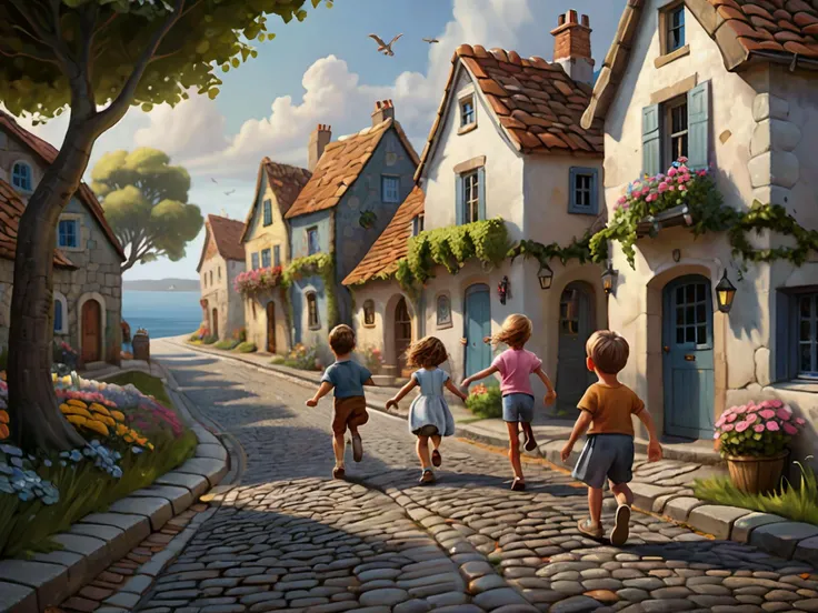 realistic, best quality, high res, highly detailed, Pixar style art, drawing, cartoon,
A row of houses in village by the sea, a cobblestone road, trees, flowers, old, (children skipping along the street:1.95),
Fantasy style, fantasy dreamlike art,