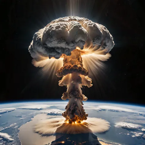 Epic movie stills of angel sending energy explosion to earth, scene shot from above, energy explosion, mushroom cloud, masterpiece, 4k ultra high-definition, realistic