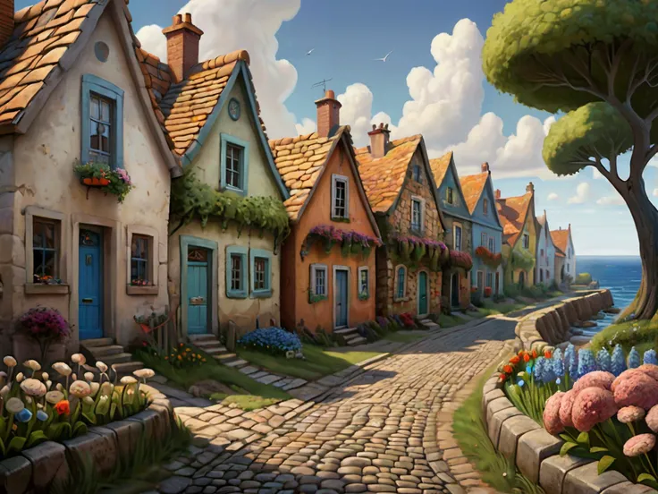 realistic, best quality, high res, highly detailed, Pixar style art, drawing, cartoon,
A row of houses in a seaside village, a cobblestone road, trees, flowers, abandoned, old,
Fantasy style, fantasy dreamlike art,