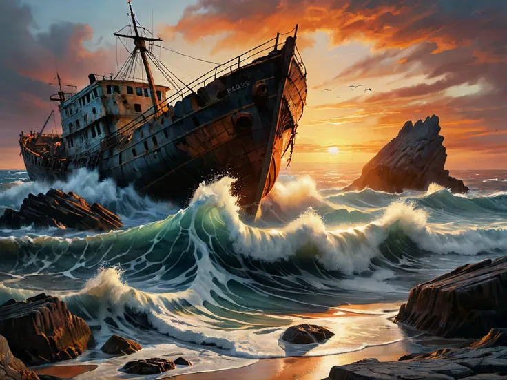 realistic, best quality, high res, highly detailed,
The restless ocean roars, throwing itself upon the rocks where the shattered remains of a rusting shipwreck leans precariously on the rocks,
fantasy style, dreamlike fantasy art, surreal and colorful art, watercolor, glowing vivid colors, dramatic lighting, at sunset,
<lora:RMSDXL_Enhance:1>,
<lora:add-detail-xl:0.8>,
<lora:RMSDXL_Darkness_Cinema:1>,