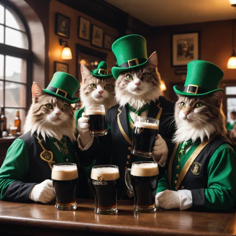 closeup photo of drunken anthro cats lively and festive scene set in an Irish pub on St. Patrick's Day, natural light, guinness glasses text: Guiness