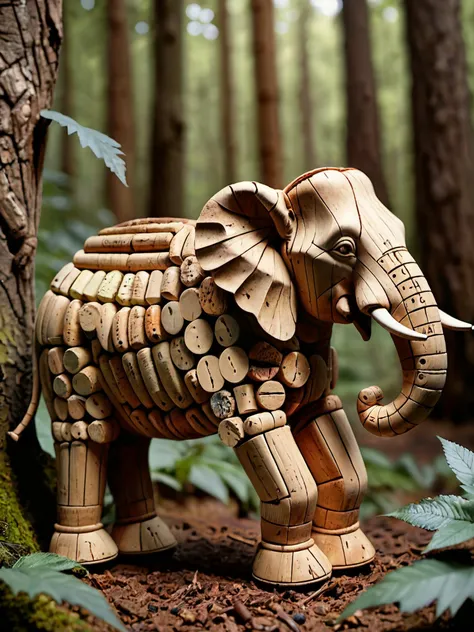 best quality, high res, highly detailed,
an (entirely made of corks:1.95) elephant, in the forest,