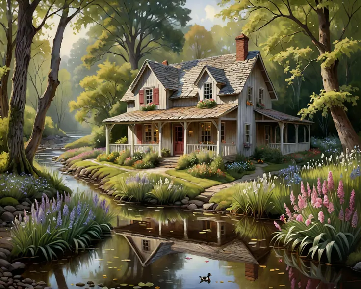 realistic, best quality, high res, highly detailed,
Nestled serenely beside a meandering stream, the rustic cottage exuded an aura of tranquility and charm. Its weathered wooden exterior, adorned with climbing ivy and trailing vines, blended seamlessly into the surrounding landscape. A stone path, worn smooth with age, wound its way through a lush garden teeming with an array of colorful blooms.
The gentle babble of the stream provided a soothing soundtrack as it meandered past the cottage, its crystalline waters reflecting the dappling sunlight filtering through the canopy of trees overhead. Tall willows swayed gracefully in the breeze, their delicate branches dipping towards the water's edge, while ancient oaks stood sentinel, their gnarled roots firmly anchored in the earth.
A family of ducks paddled lazily along the tranquil surface of the stream, their soft quacks echoing through the air as they foraged for food among the reeds. Occasionally, a ripple would disturb the mirror-like surface, as one of the ducks dipped beneath the water in search of a tasty morsel.
The scent of wildflowers hung heavy in the air, mingling with the earthy aroma of moss and damp soil. Patches of vibrant wildflowers dotted the landscape, their petals swaying gently in the breeze and painting the scene with splashes of color.
The cottage itself was a picture of rustic charm, with its whitewashed walls and sloping thatched roof. Smoke curled lazily from the chimney, carrying with it the delicious aroma of a wood fire burning within. A cozy porch adorned with wicker furniture invited visitors to linger and soak in the peaceful ambiance, while a pair of rocking chairs creaked softly in the gentle breeze.
In this idyllic setting, time seemed to slow to a crawl, allowing for moments of quiet contemplation and appreciation of the simple pleasures of life. It was a place where the worries of the world melted away, replaced by a sense of harmony and connection with nature.
In soft watercolor at goldenhour,